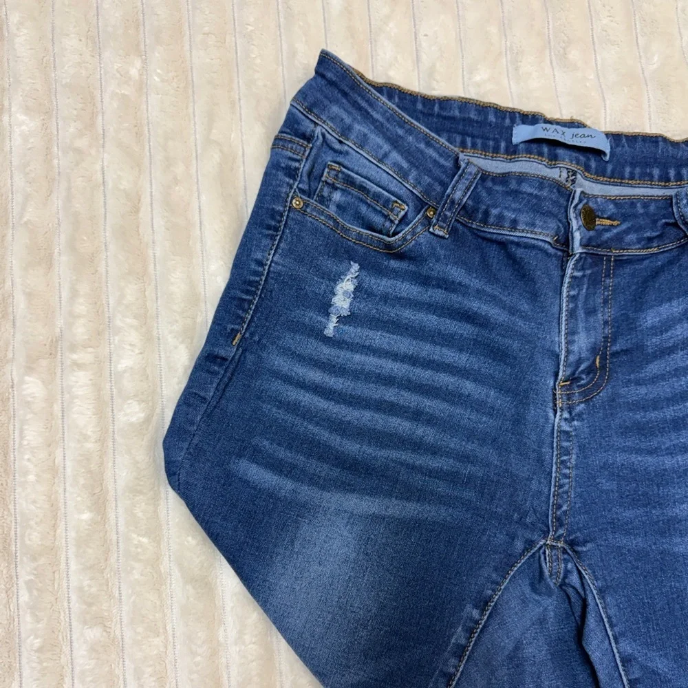Wax Jean: Junior Distressed Blue High Rise Skinny Jean, Raw Hem Ankle, Size 9